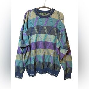 Vintage Alexander Julian Colours Geometric Knit Sweater XL USA Made 90s Crewneck